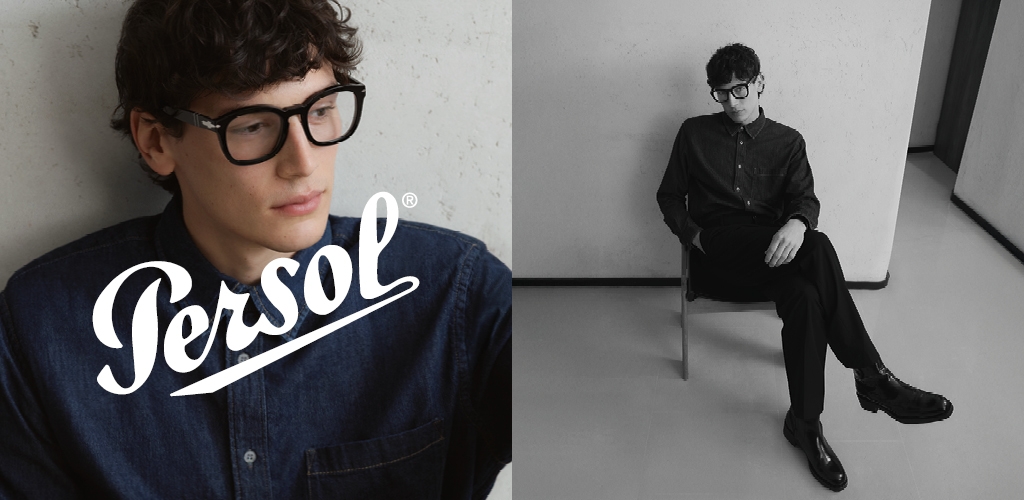 Modèle portant des lunettes de vue de la marque Persol