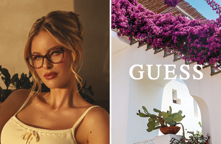 Une femme portant deux montures différents de la marque Guess